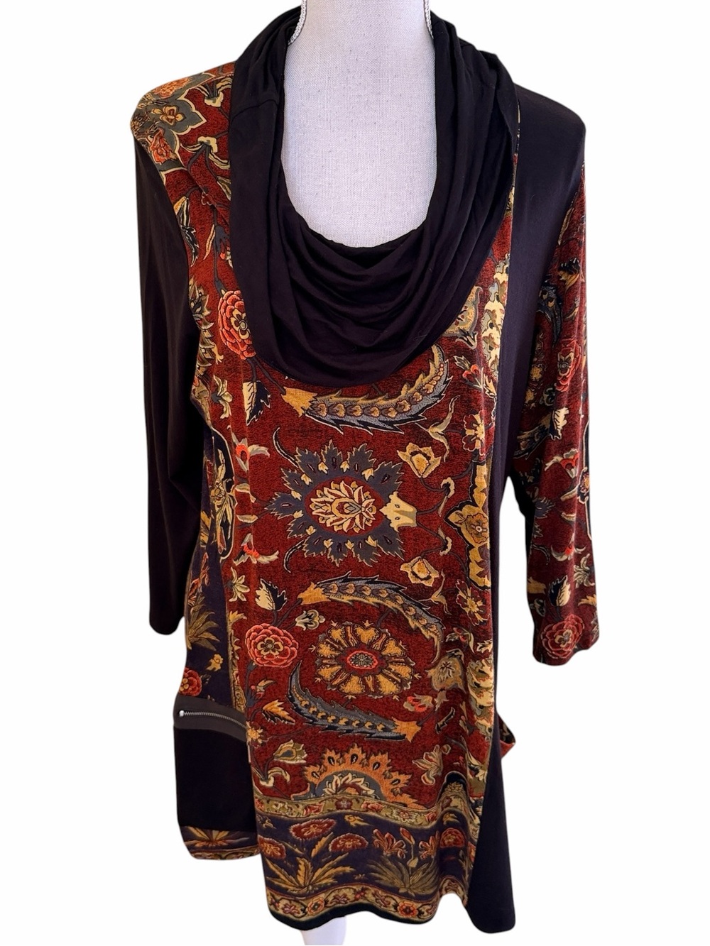 Parsley & Sage Rust/Black Cowl Neck Paisley Tunic XL